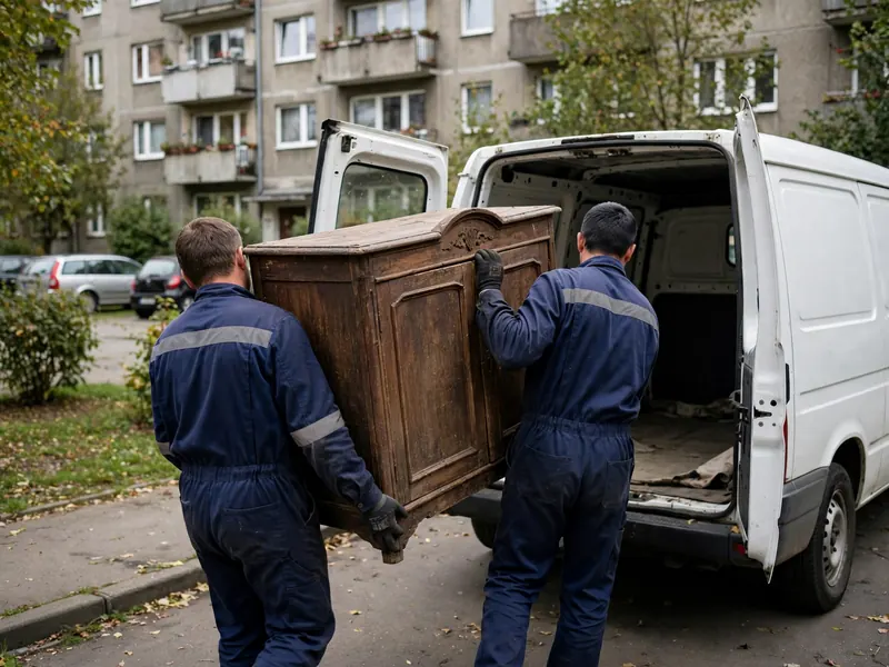 Pracownicy wnoszą starą szafę do busa przed blokiem