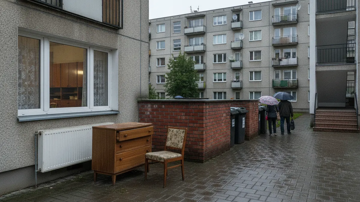 Stara drewniana komoda i zrolowany dywan wystawione przed kamienicą w dniu zbiórki gabarytów