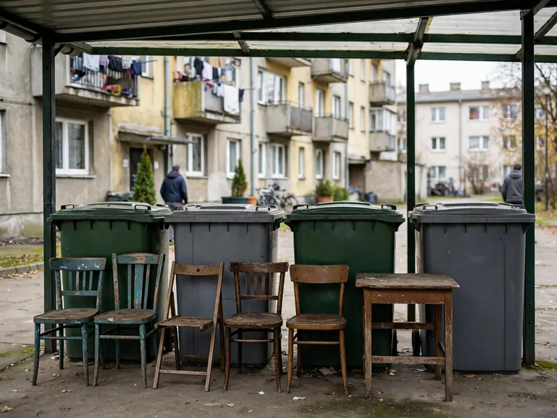 Stare krzesła i stolik ustawione pod wiatą punktu zbiórki odpadów