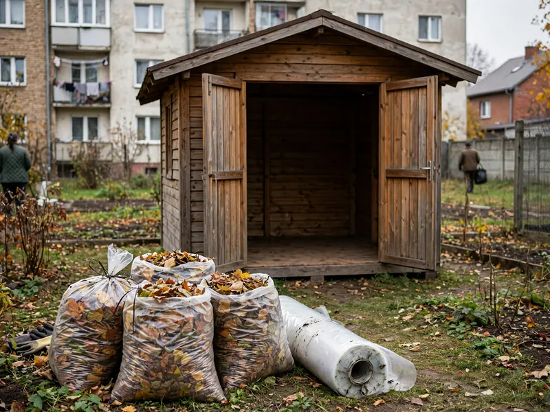 Opróżniona altana na działce, przed nią worki z liśćmi i folia