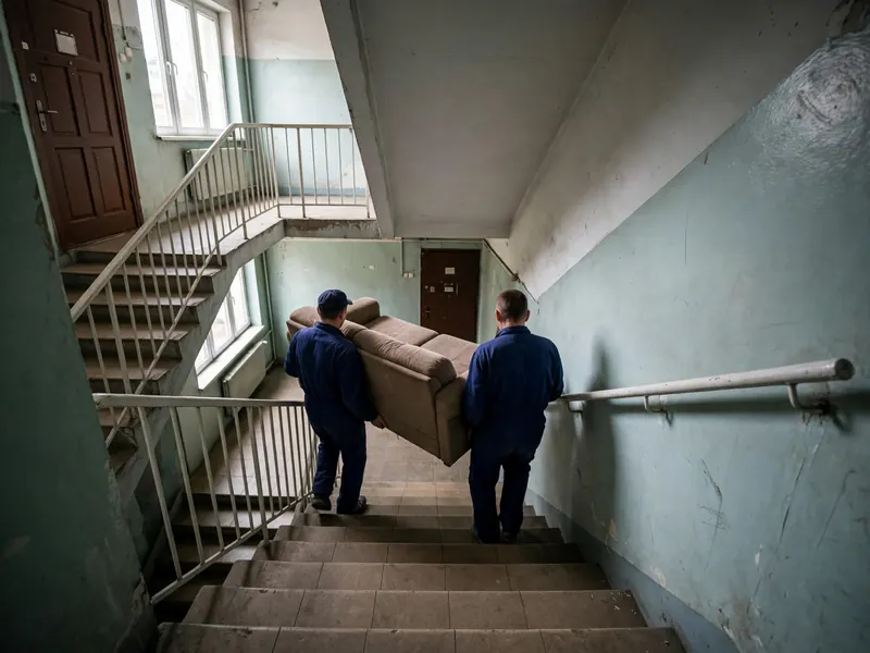 Pracownicy znoszą wersalkę po klatce schodowej bloku