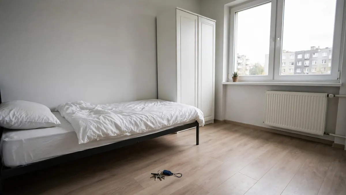 Pusty, jasny pokój z łóżkiem i szafą przygotowany do wynajmu