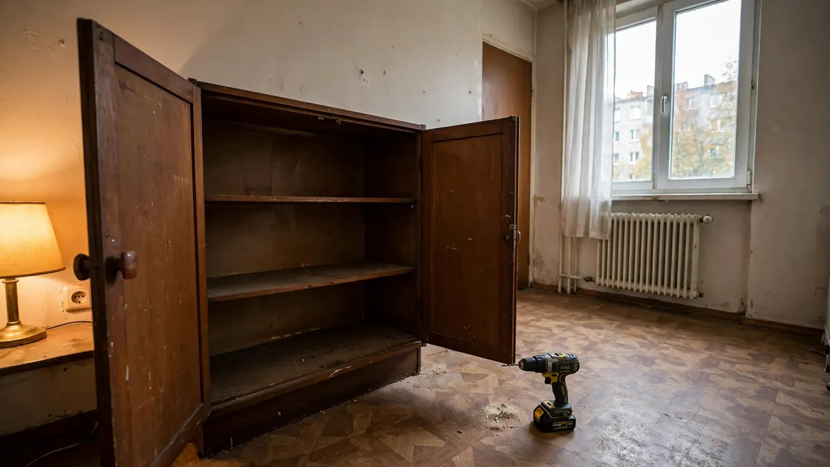 Pusty moduł starej meblościanki i wkrętarka przygotowana do demontażu