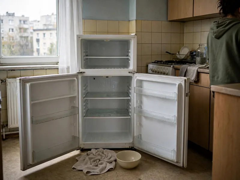 Pusta, rozmrożona lodówka przed przeprowadzką