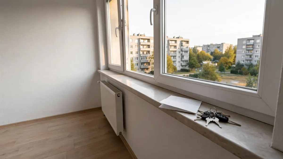 Klucze na parapecie w pustym mieszkaniu przed przekazaniem