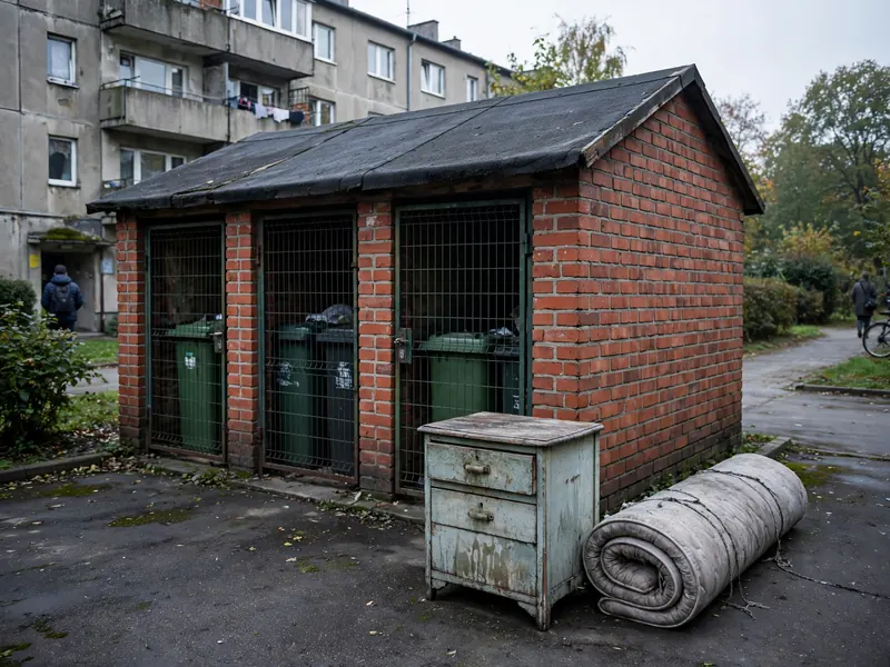 Szafka nocna i zrolowany materac przy altanie śmietnikowej