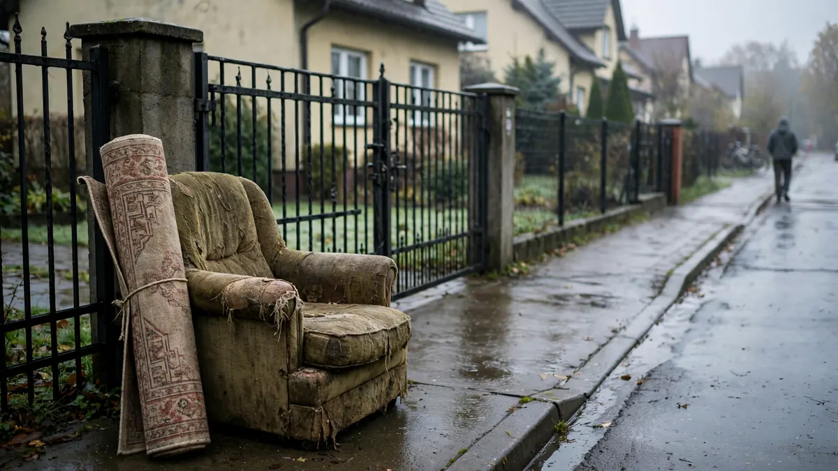Stary fotel i zwinięty dywan wystawione przed dom na zbiórkę gabarytów