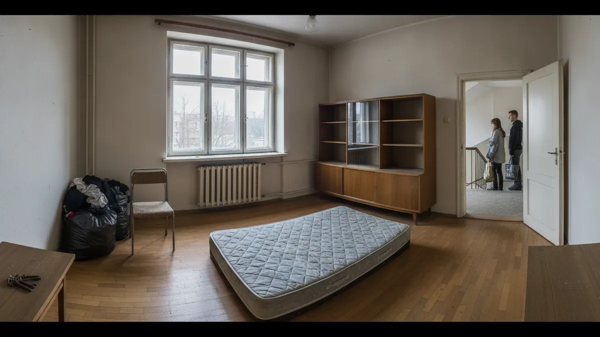 Pusty pokój w bloku z jedną starą kanapą pozostawioną przez najemcę