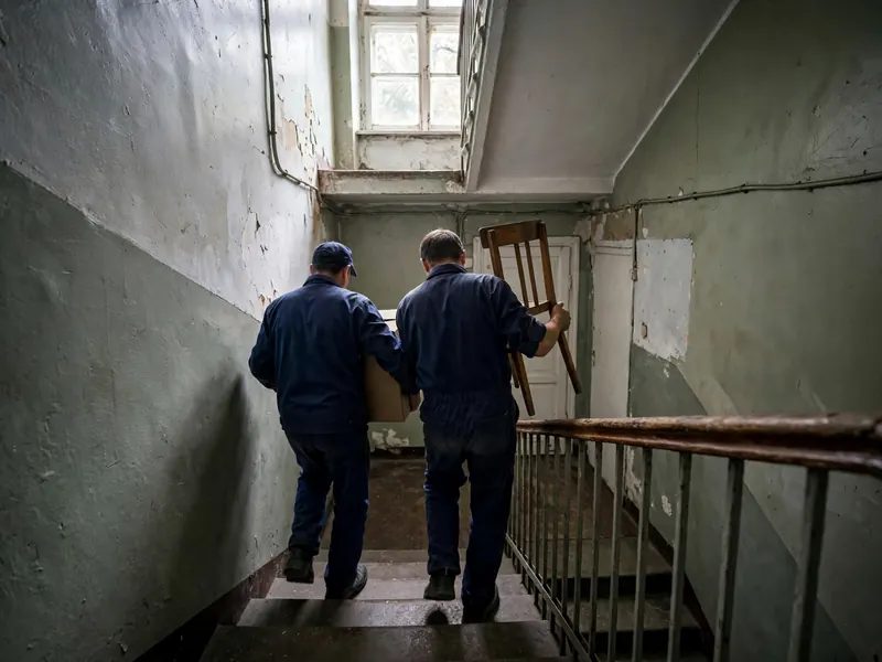 Pracownicy niosą karton i krzesło po wąskich schodach kamienicy