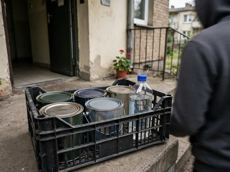 Zamknięte puszki po farbie i rozpuszczalnik w plastikowej skrzynce