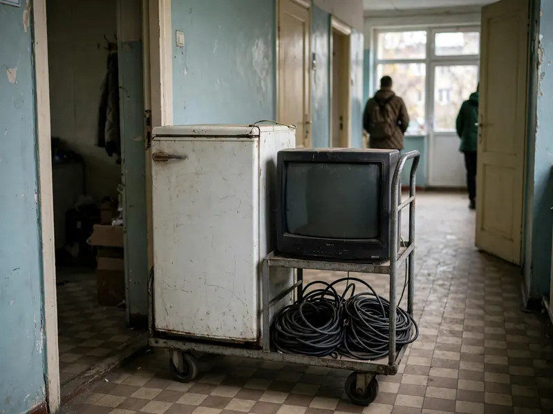 Stara lodówka i telewizor na wózku transportowym przy drzwiach