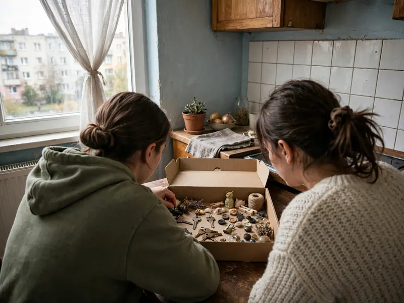 Dwie osoby przeglądają zawartość kartonu przy kuchennym stole